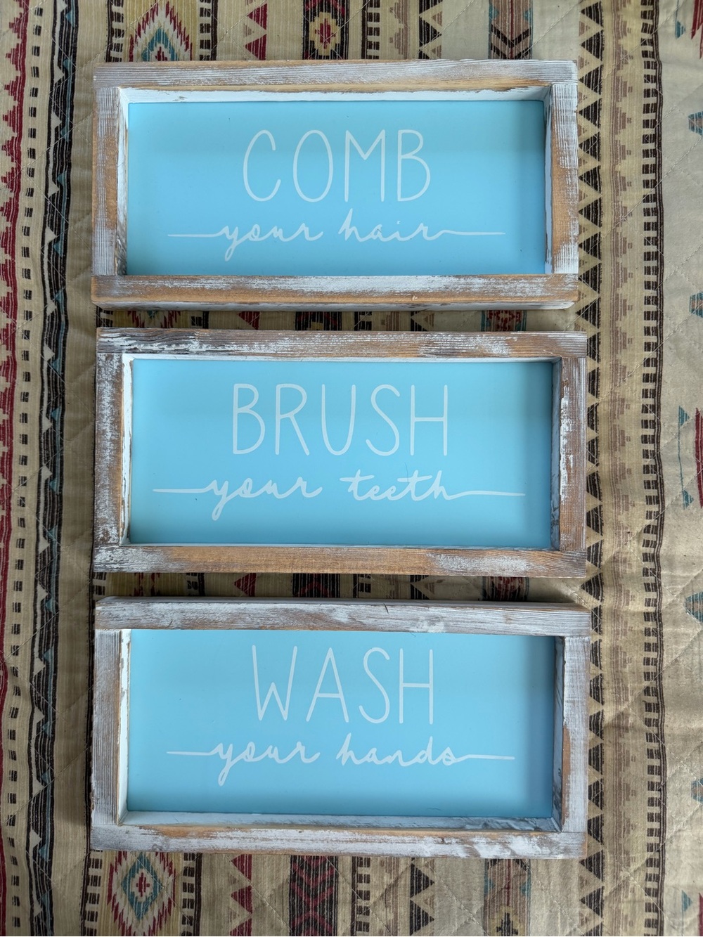 Blue 'Comb Brush Wash' Bathroom Wall Sign Set - Rustic Wood Frame